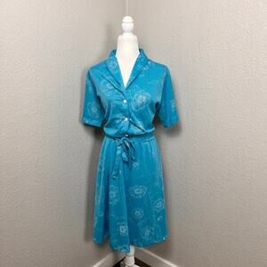 Vtg Lane Bryant House Shirt Dress Womens Large Turquoise Floral‎ Belted READ